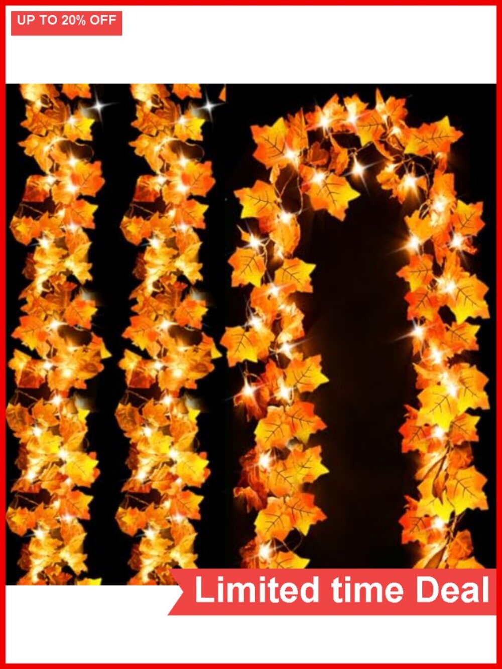 Set of 3 Maple Leaf Fall Garlands with 60 Warm LED Lights Battery Operated